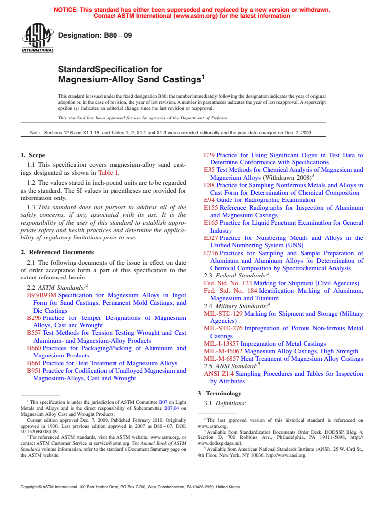 ASTM B80-09 - Standard Specification for Magnesium-Alloy Sand Castings