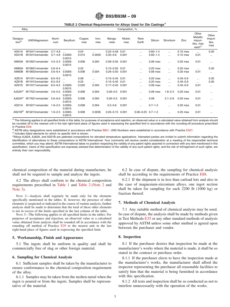 ASTM B93/B93M-09 - Standard Specification for Magnesium Alloys in Ingot Form for Sand Castings, Permanent Mold Castings, and Die Castings