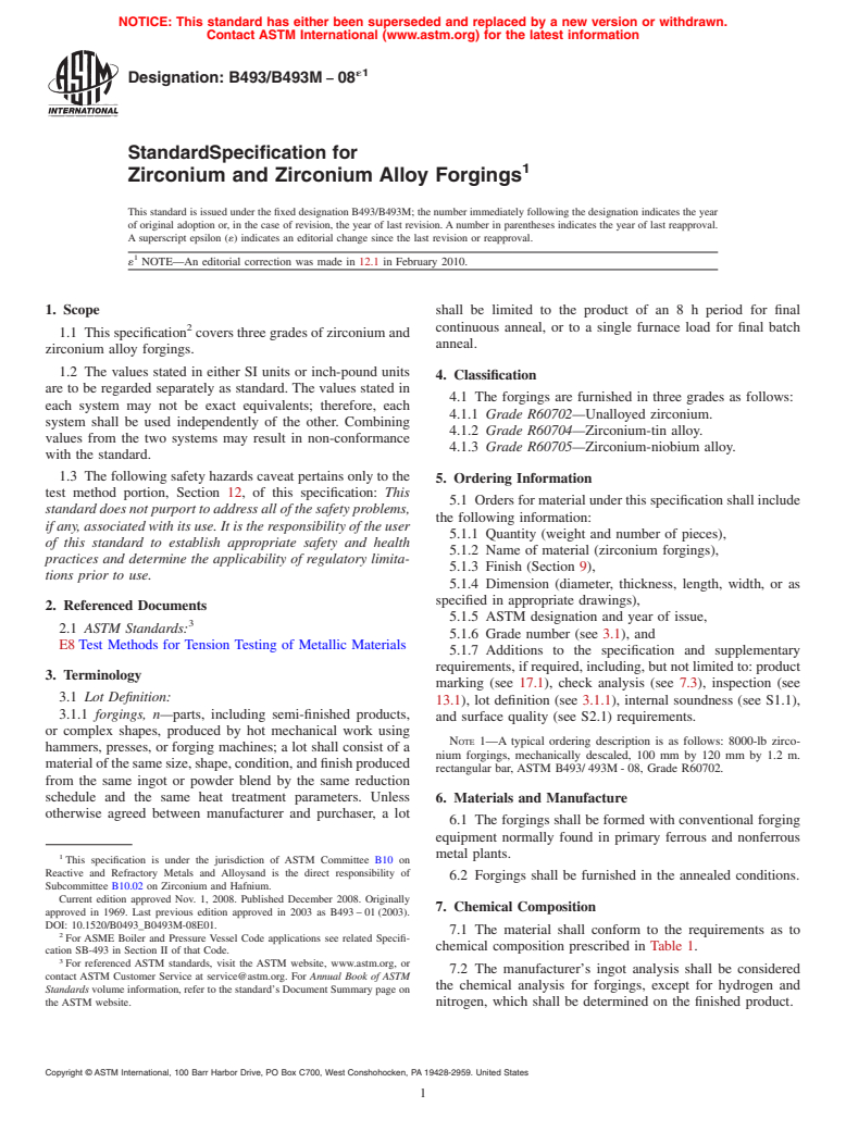 ASTM B493/B493M-08e1 - Standard Specification for Zirconium and Zirconium Alloy Forgings