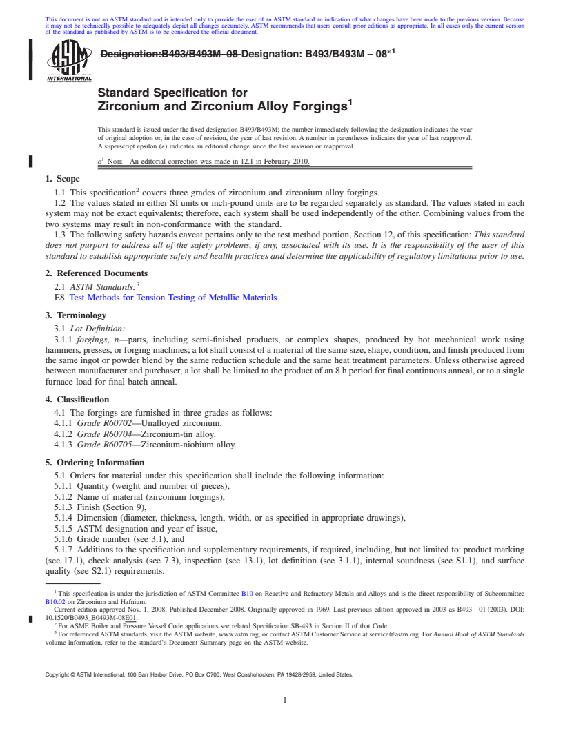 REDLINE ASTM B493/B493M-08e1 - Standard Specification for Zirconium and Zirconium Alloy Forgings