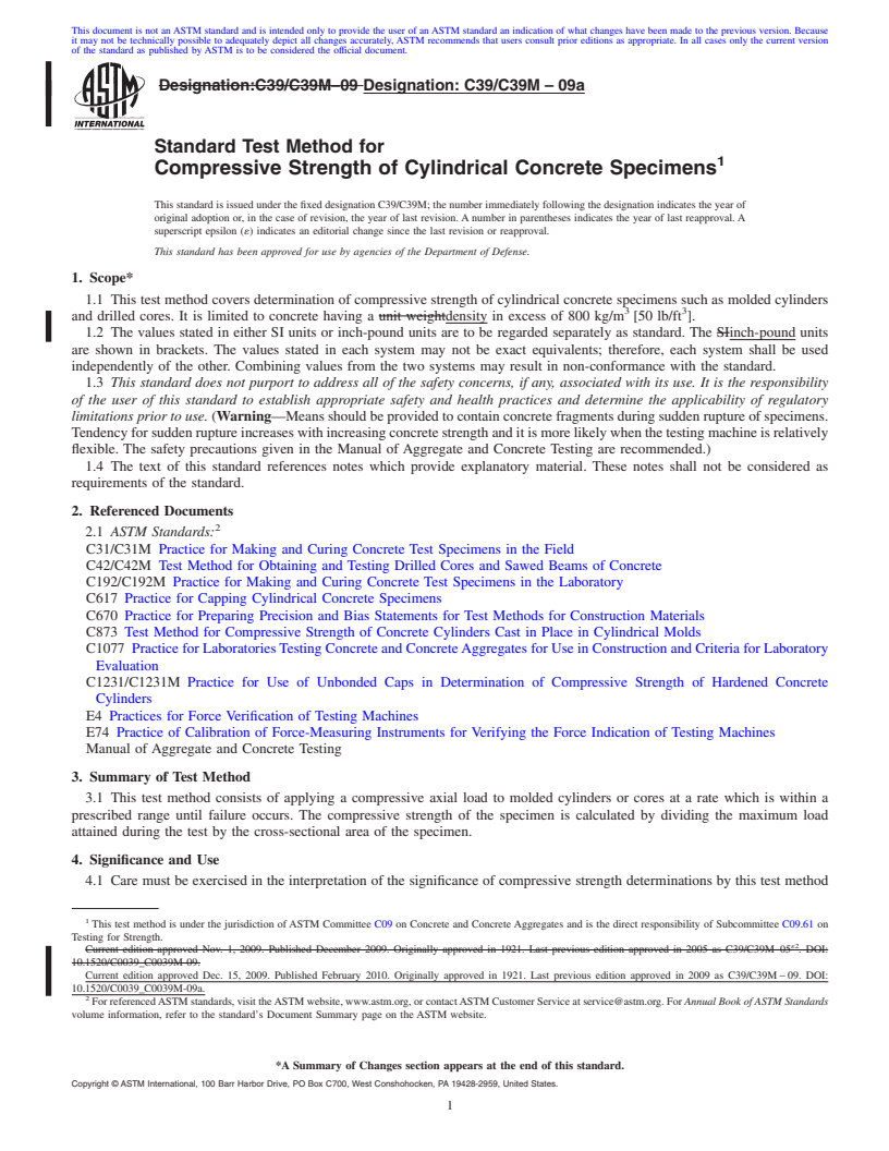 REDLINE ASTM C39/C39M-09a - Standard Test Method for  Compressive Strength of Cylindrical Concrete Specimens