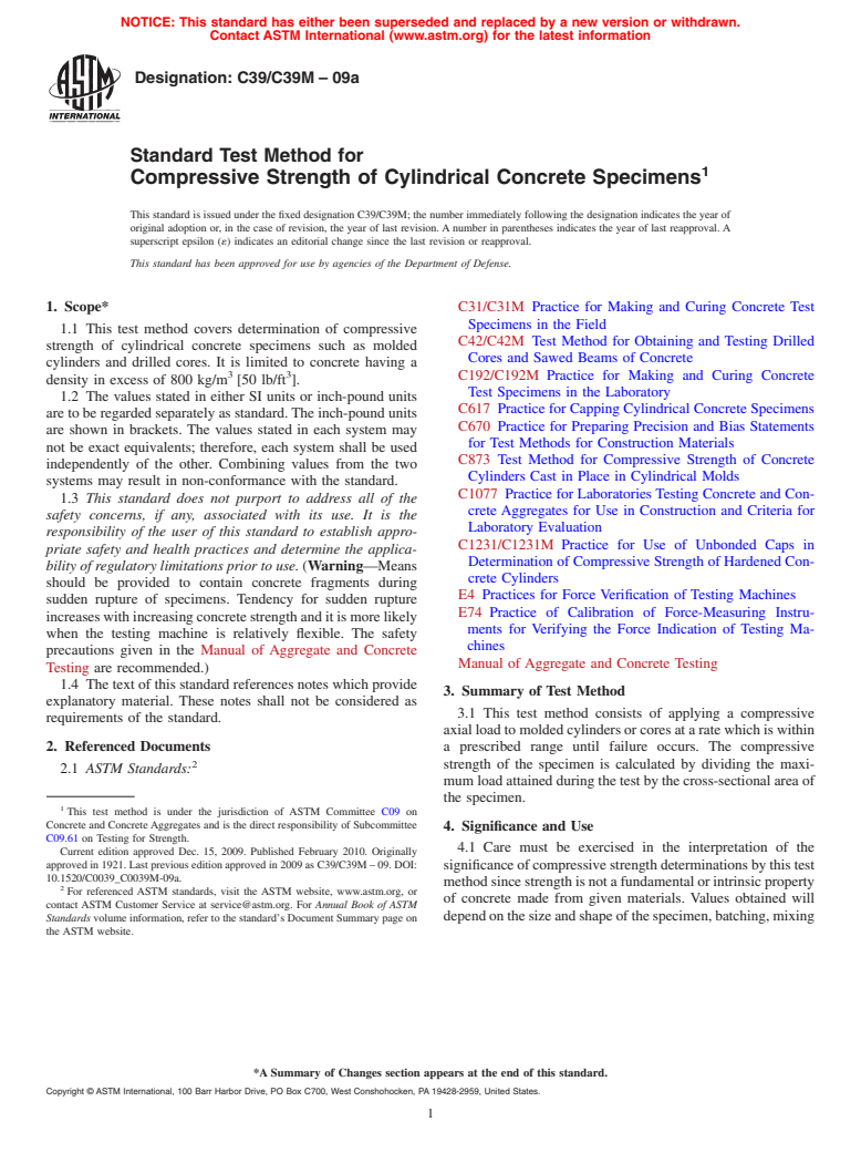 ASTM C39/C39M-09a - Standard Test Method for  Compressive Strength of Cylindrical Concrete Specimens