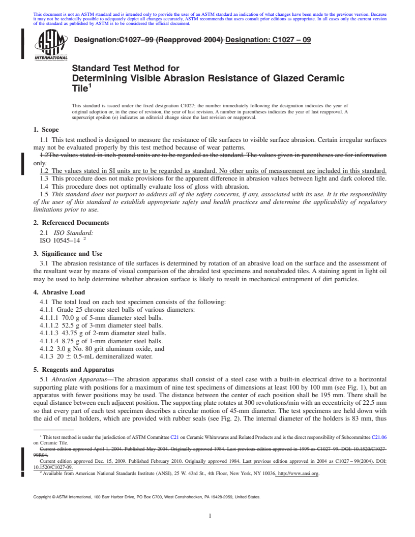 REDLINE ASTM C1027-09 - Standard Test Method for Determining Visible Abrasion Resistance of Glazed Ceramic Tile