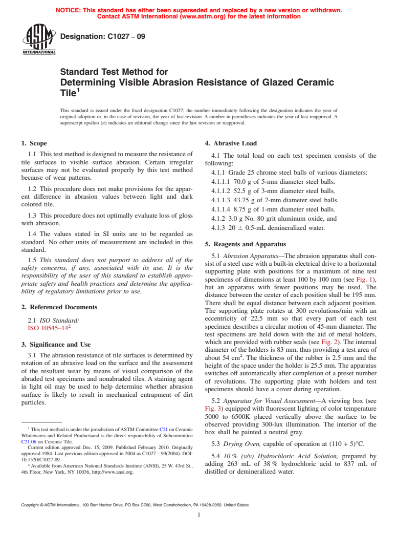 ASTM C1027-09 - Standard Test Method for Determining Visible Abrasion Resistance of Glazed Ceramic Tile