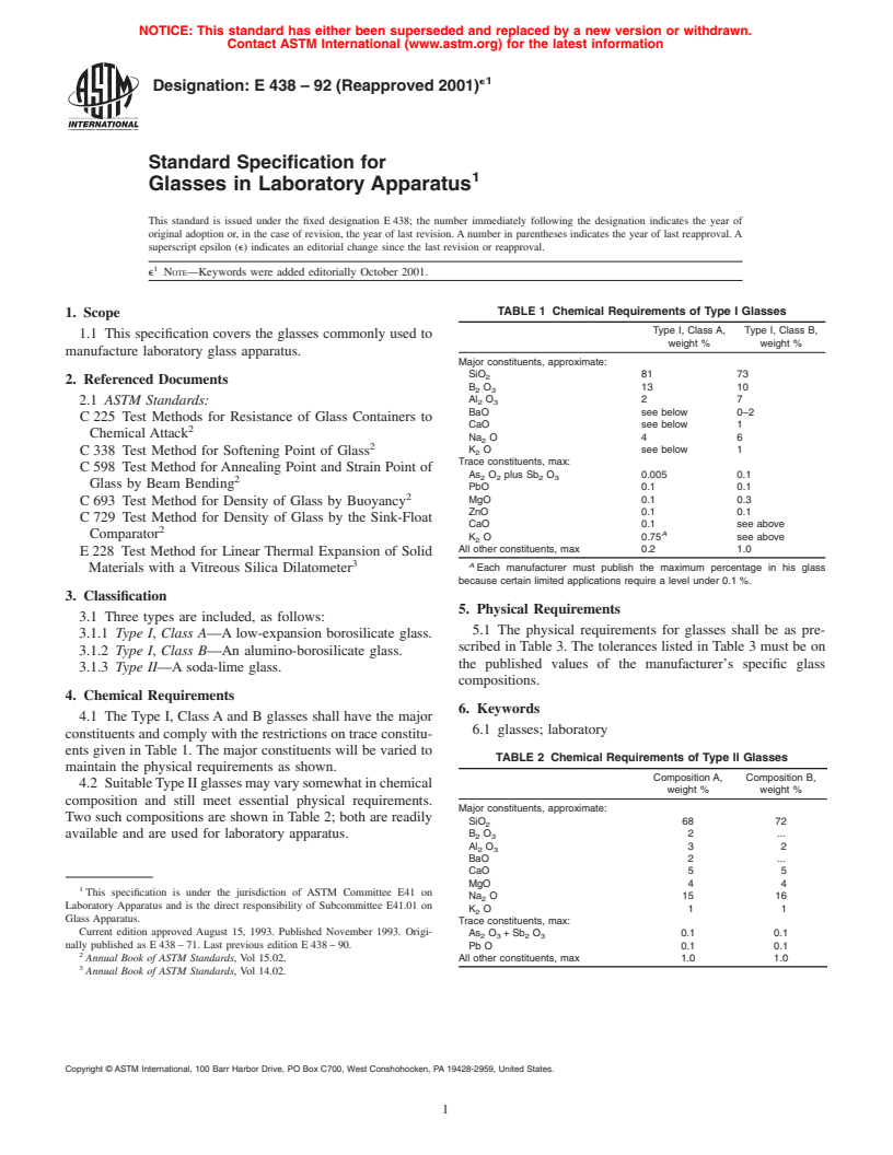 ASTM E438-92(2001)e1 - Standard Specification for Glasses in Laboratory Apparatus
