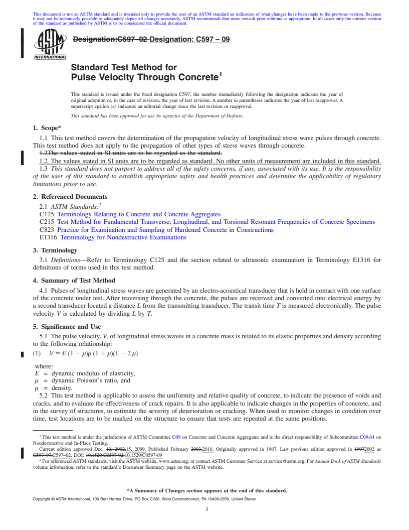 REDLINE ASTM C597-09 - Standard Test Method for Pulse Velocity Through Concrete