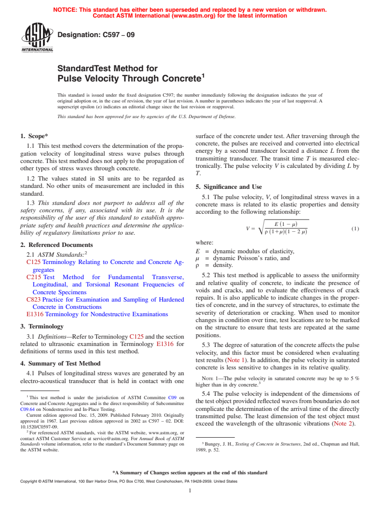 ASTM C597-09 - Standard Test Method for Pulse Velocity Through Concrete