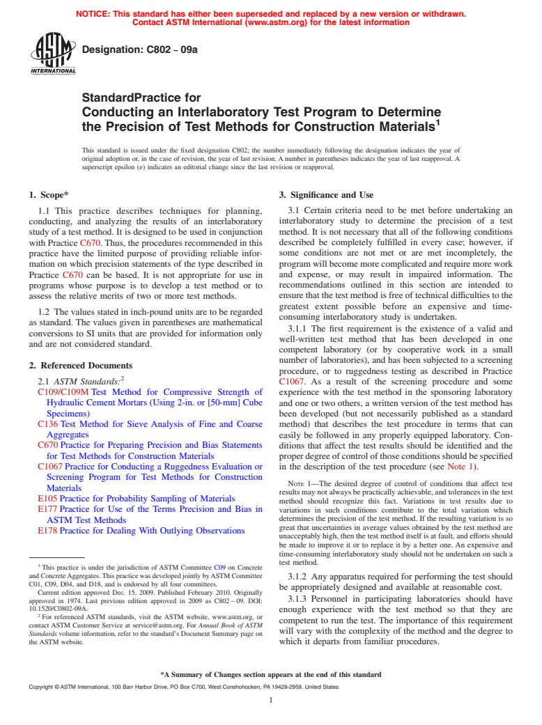 ASTM C802-09a - Standard Practice for Conducting an Interlaboratory Test Program to Determine the Precision of Test Methods for Construction Materials