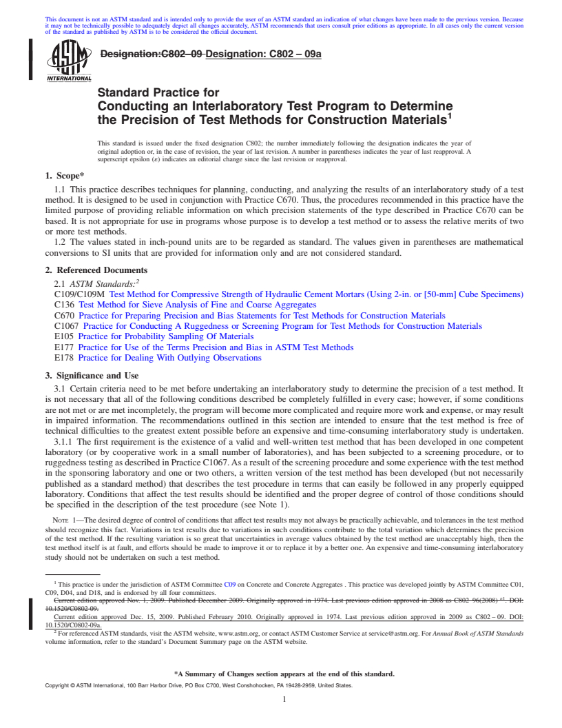 REDLINE ASTM C802-09a - Standard Practice for Conducting an Interlaboratory Test Program to Determine the Precision of Test Methods for Construction Materials