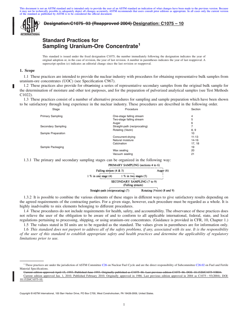 REDLINE ASTM C1075-10 - Standard Practices for Sampling Uranium-Ore Concentrate