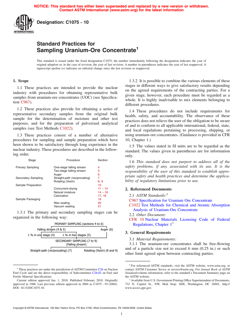 ASTM C1075-10 - Standard Practices for Sampling Uranium-Ore Concentrate