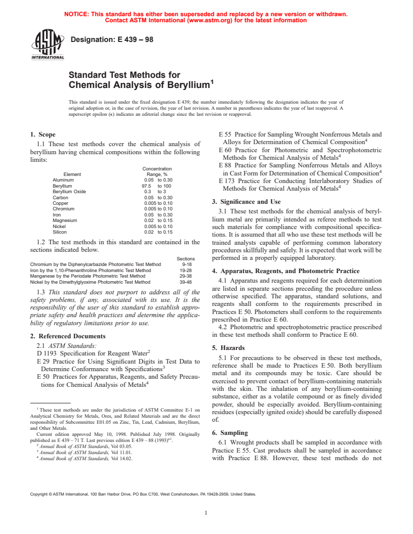 ASTM E439-98 - Standard Test Methods for Chemical Analysis of Beryllium