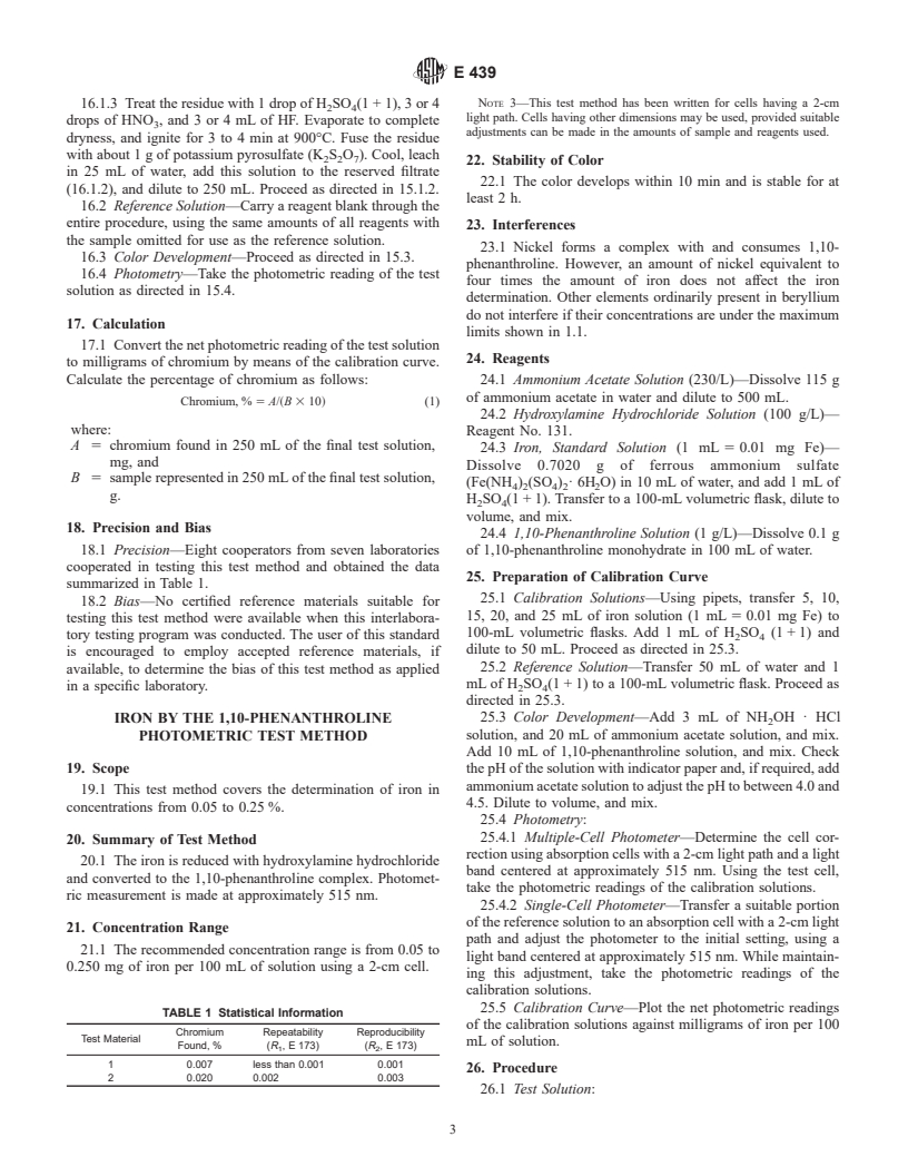 ASTM E439-98 - Standard Test Methods for Chemical Analysis of Beryllium