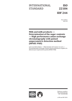 ISO 22184:2021 - Milk and milk products — Determination of the sugar contents — High performance anion exchange chromatography with pulsed amperometric detection method (HPAEC-PAD)
Released:2/3/2021 - Page 1 preview