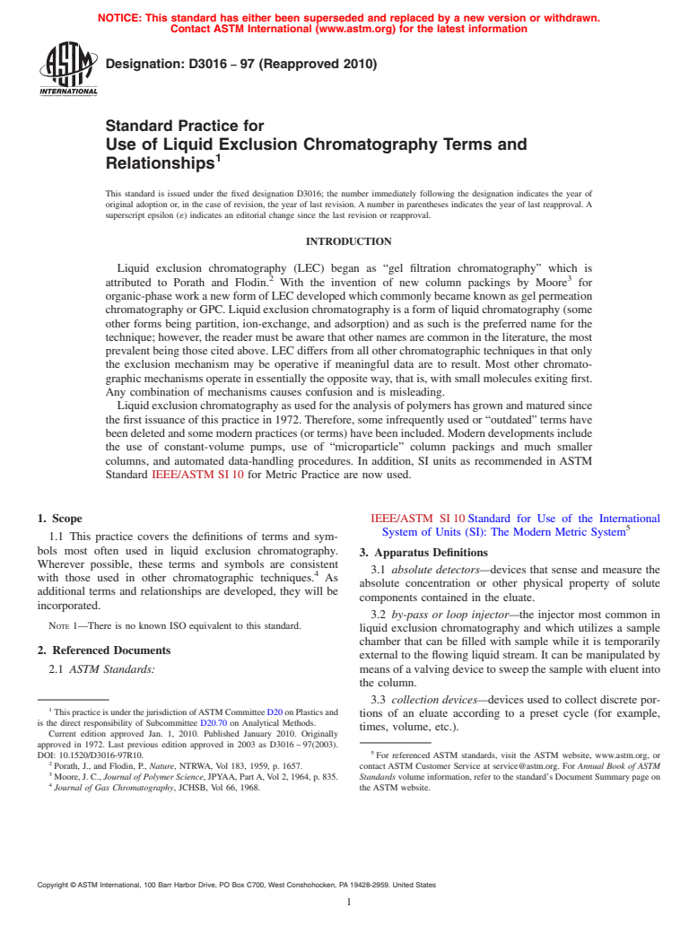 ASTM D3016-97(2010) - Standard Practice for Use of Liquid Exclusion Chromatography Terms and Relationships