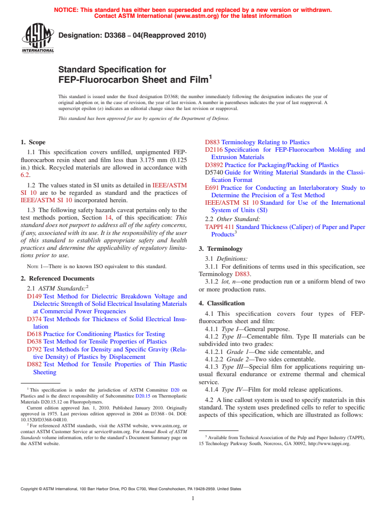 ASTM D3368-04(2010) - Standard Specification for FEP-Fluorocarbon Resin Sheet and Film