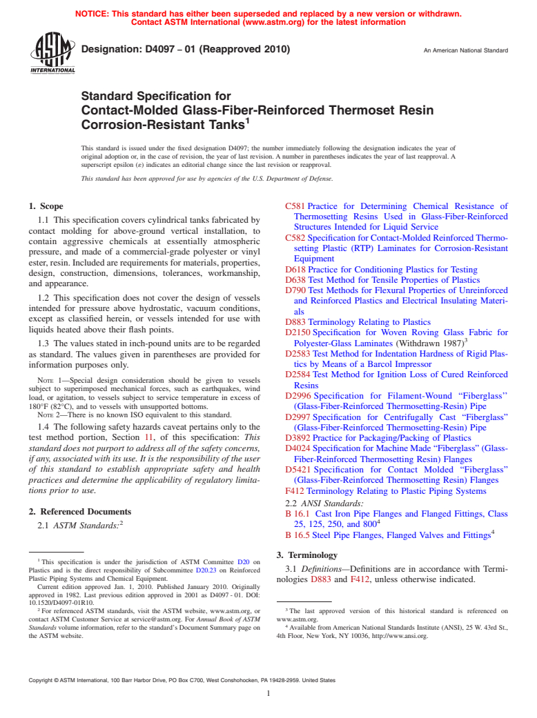 ASTM D4097-01(2010) - Standard Specification for Contact-Molded Glass-Fiber-Reinforced Thermoset Resin Corrosion-Resistant Tanks