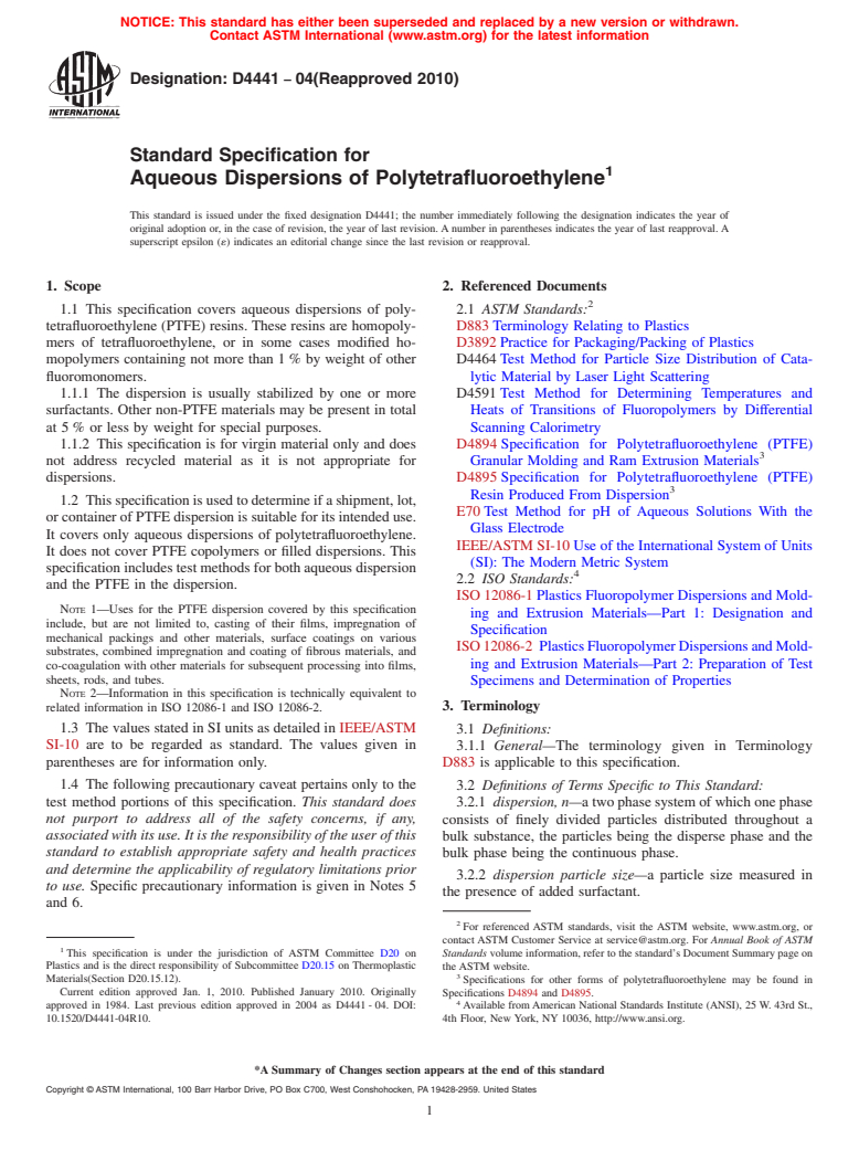 ASTM D4441-04(2010) - Standard Specification for Aqueous Dispersions of Polytetrafluoroethylene