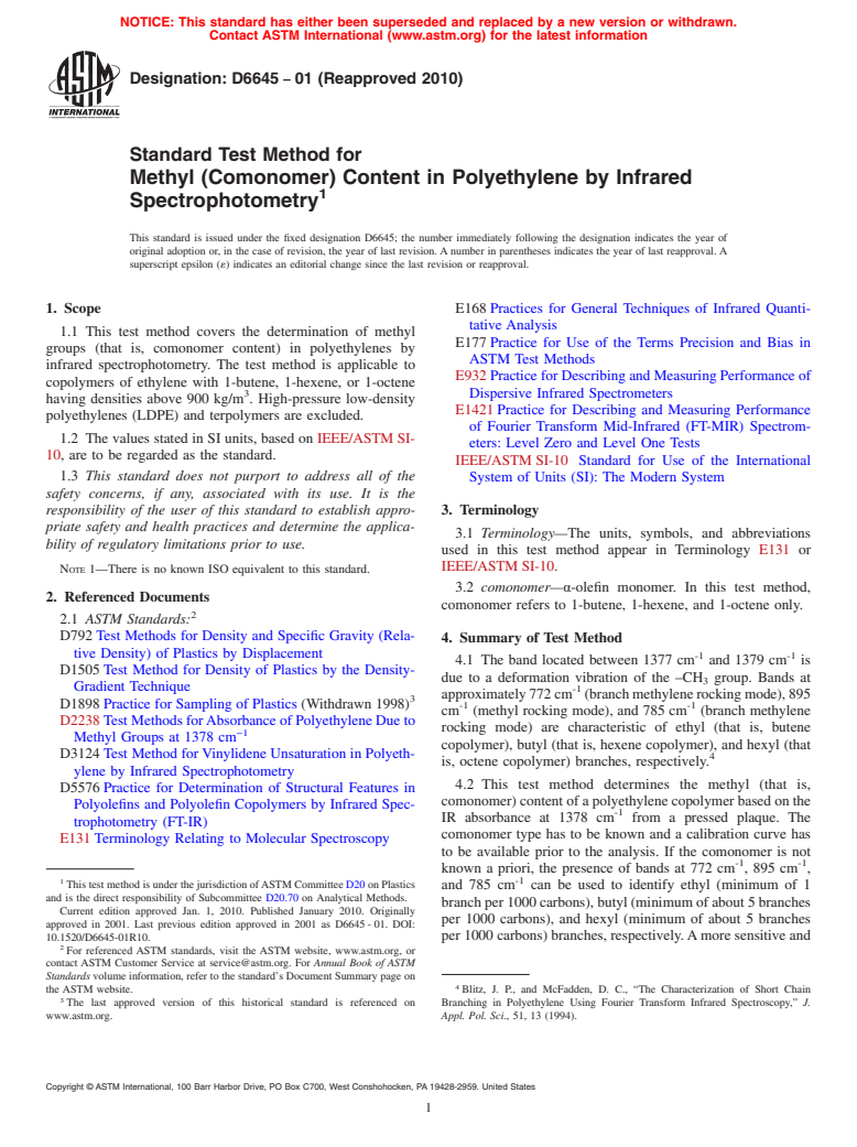 ASTM D6645-01(2010) - Standard Test Method for Methyl (Comonomer) Content in Polyethylene by Infrared Spectrophotometry