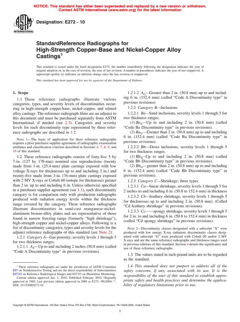 ASTM E272-10 - Standard Reference Radiographs for High-Strength Copper-Base and Nickel-Copper Alloy Castings