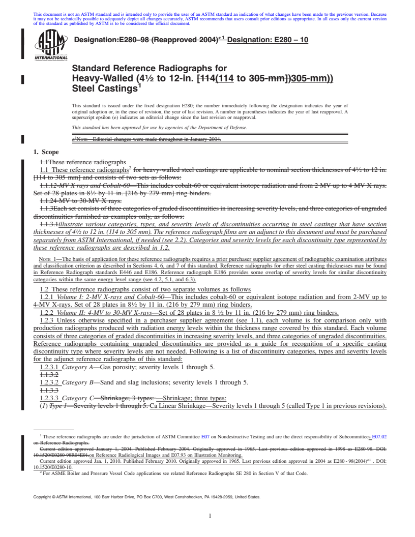 REDLINE ASTM E280-10 - Standard Reference Radiographs for  Heavy-Walled (4<span class='unicode'>&#x00BD;</span> to 12-in. (114 to 305-mm)) Steel Castings