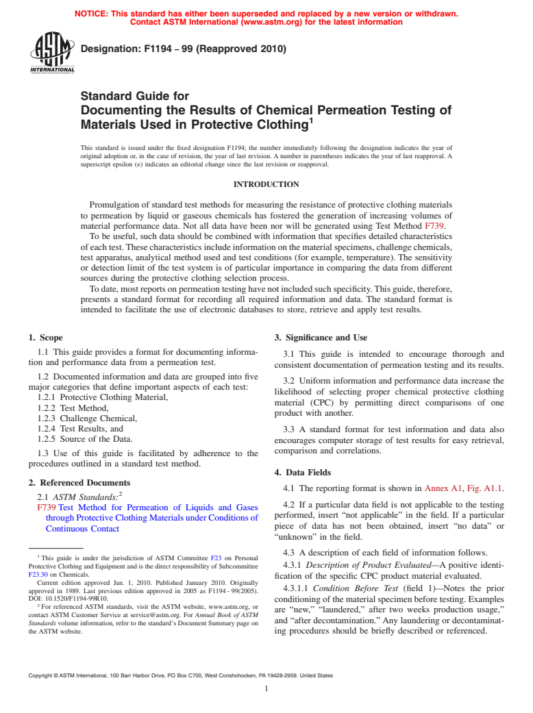 ASTM F1194-99(2010) - Standard Guide for Documenting the Results of Chemical Permeation Testing of Materials Used in Protective Clothing