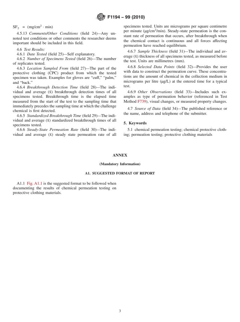 ASTM F1194-99(2010) - Standard Guide for Documenting the Results of Chemical Permeation Testing of Materials Used in Protective Clothing