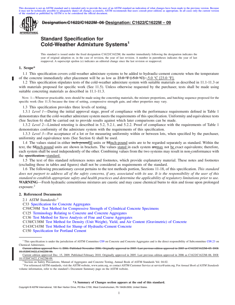 REDLINE ASTM C1622/C1622M-09 - Standard Specification for Cold-Weather Admixture Systems