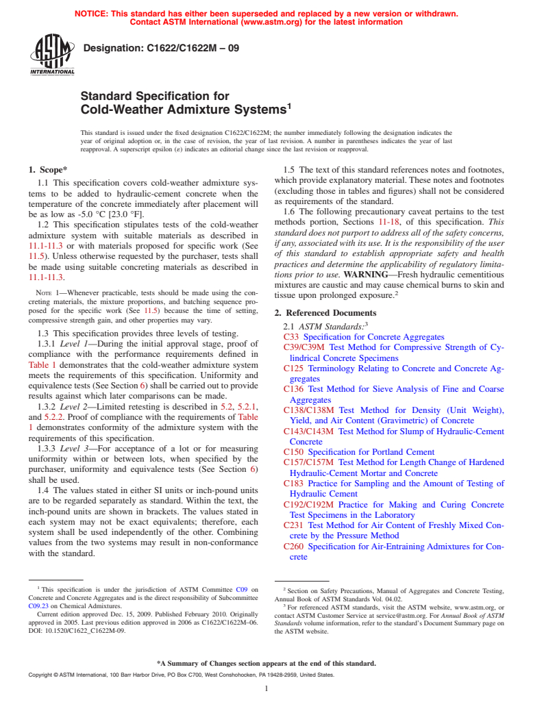 ASTM C1622/C1622M-09 - Standard Specification for Cold-Weather Admixture Systems