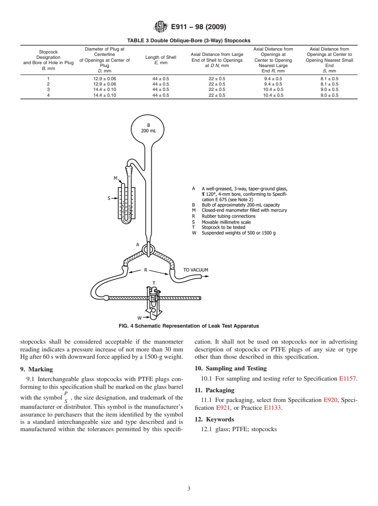 ASTM E911-98(2009) - Standard Specification for Glass Stopcocks with Polytetrafluoroethylene (PTFE) Plugs