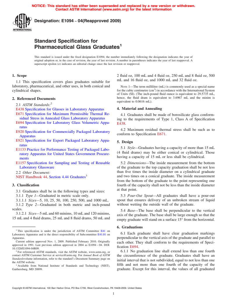 ASTM E1094-04(2009) - Standard Specification for Pharmaceutical Glass Graduates