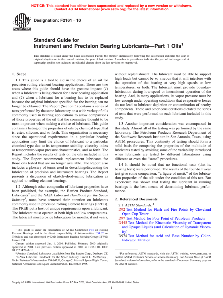 ASTM F2161-10 - Standard Guide for Instrument and Precision Bearing Lubricants-Part 1 Oils (Withdrawn 2020)