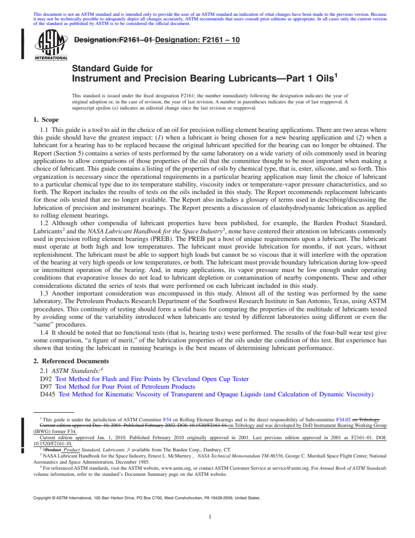 REDLINE ASTM F2161-10 - Standard Guide for Instrument and Precision Bearing Lubricants-Part 1 Oils (Withdrawn 2020)