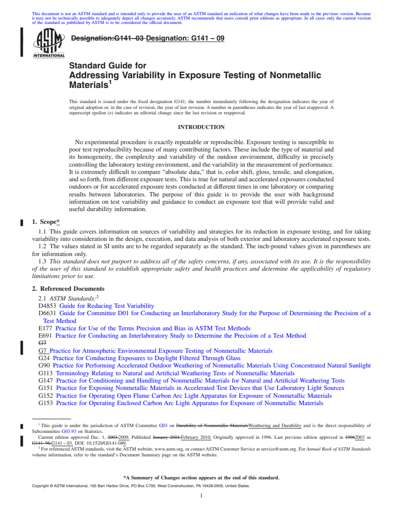 REDLINE ASTM G141-09 - Standard Guide for Addressing Variability in Exposure Testing on Nonmetallic Materials