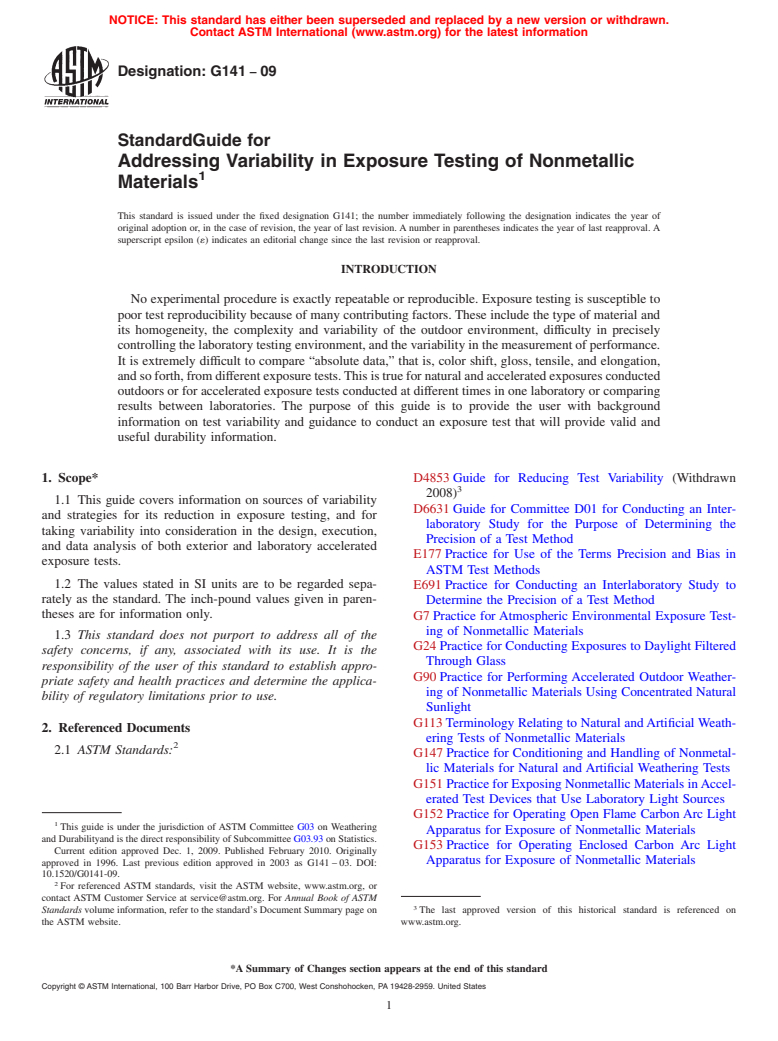 ASTM G141-09 - Standard Guide for Addressing Variability in Exposure Testing on Nonmetallic Materials