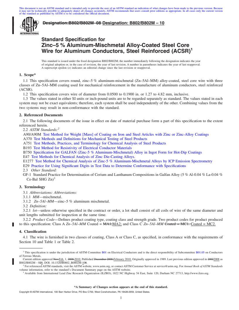 REDLINE ASTM B802/B802M-10 - Standard Specification for Zinc-5% Aluminum-Mischmetal Alloy-Coated Steel Core Wire for Aluminum Conductors, Steel Reinforced (ACSR)