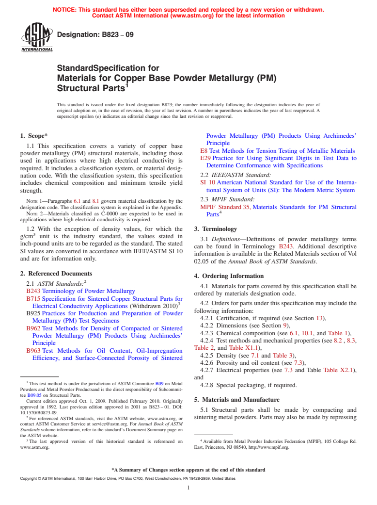 ASTM B823-09 - Standard Specification for Materials for Copper Base Powder Metallurgy (PM) Structural  Parts