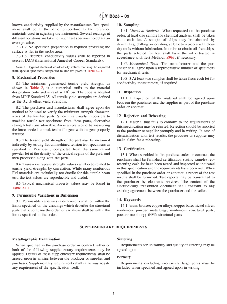 ASTM B823-09 - Standard Specification for Materials for Copper Base Powder Metallurgy (PM) Structural  Parts