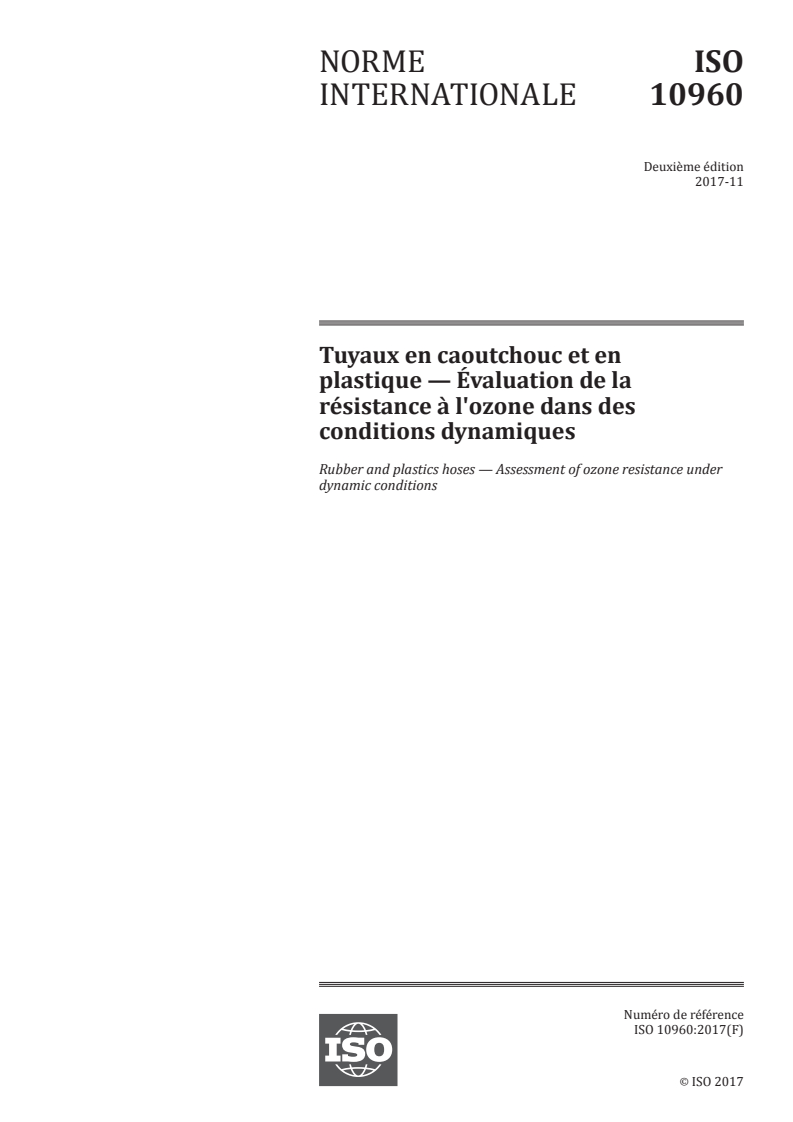 ISO 10960:2017 - Tuyaux en caoutchouc et en plastique — Évaluation de la résistance à l'ozone dans des conditions dynamiques
Released:12/5/2017