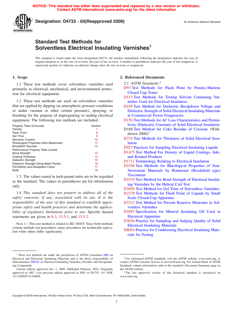 ASTM D4733-03(2009) - Standard Test Methods for Solventless Electrical Insulating Varnishes