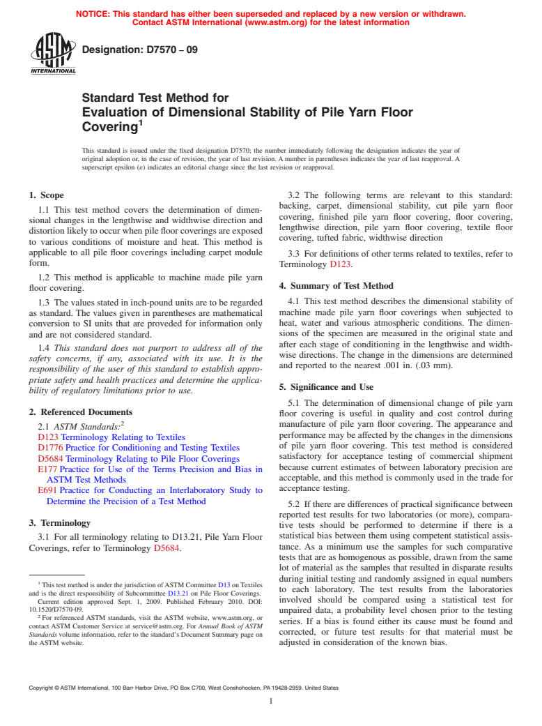 ASTM D7570-09 - Standard Test Method for Evaluation of Dimensional Stability of Pile Yarn Floor Covering