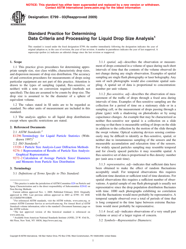 ASTM E799-03(2009) - Standard Practice for Determining Data Criteria and Processing for Liquid Drop Size Analysis