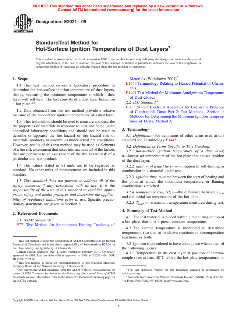 ASTM E2021-09 - Standard Test Method for Hot-Surface Ignition Temperature of Dust Layers