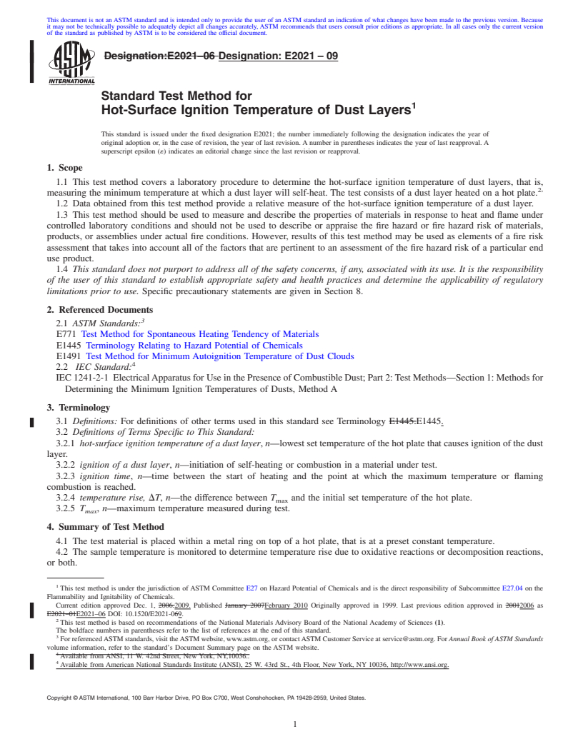 REDLINE ASTM E2021-09 - Standard Test Method for Hot-Surface Ignition Temperature of Dust Layers