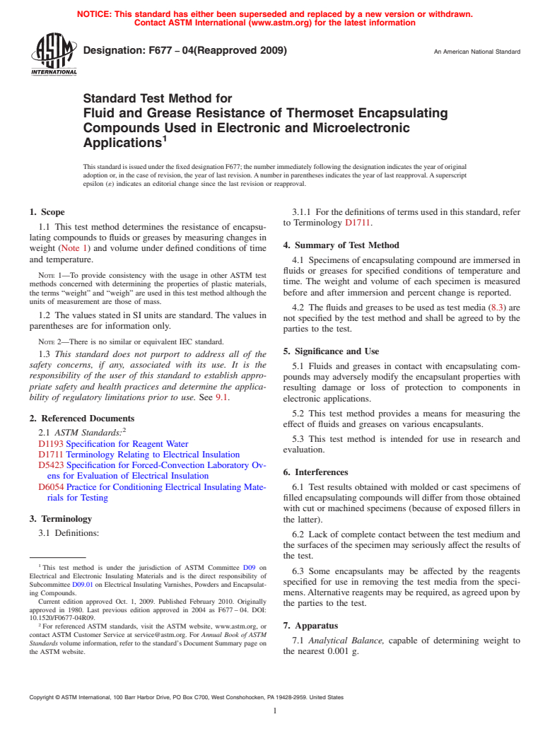 ASTM F677-04(2009) - Standard Test Method for Fluid and Grease Resistance of Thermoset Encapsulating Compounds Used in Electronic and Microelectronic Applications