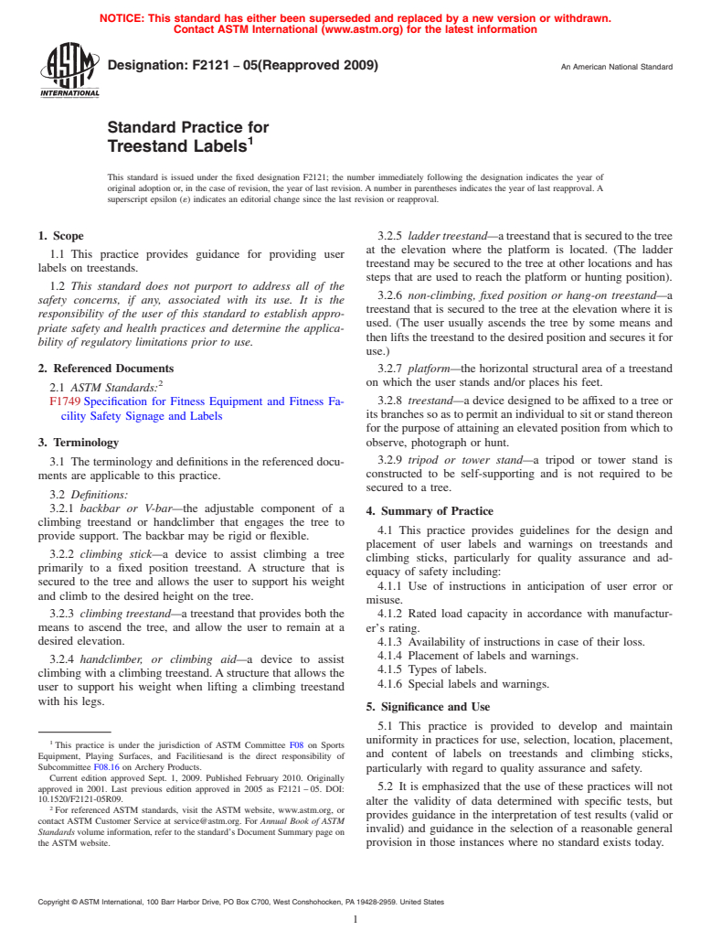 ASTM F2121-05(2009) - Standard Practice for Treestand Labels