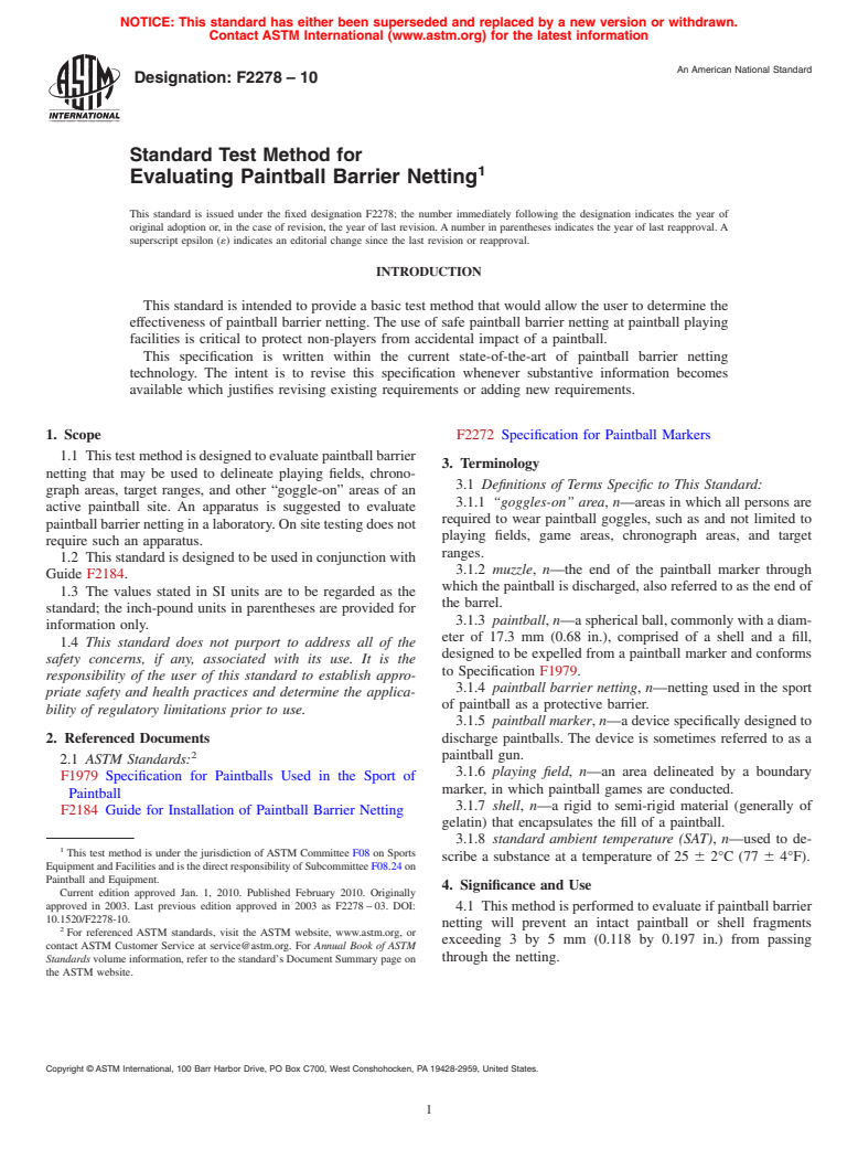 ASTM F2278-10 - Standard Test Method for Evaluating Paintball Barrier Netting