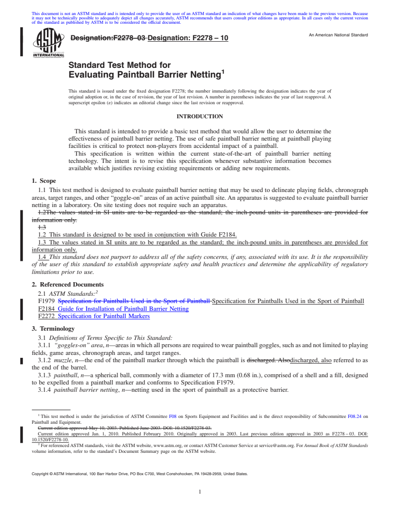 REDLINE ASTM F2278-10 - Standard Test Method for Evaluating Paintball Barrier Netting