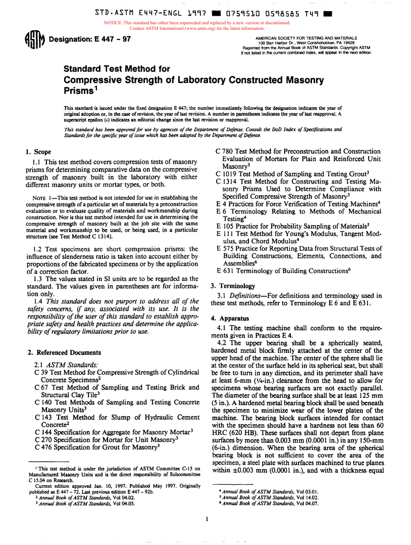 ASTM E447-97 - Test Methods for Compressive Strength of Laboratory Constructed Masonry Prisms (Withdrawn 1998)