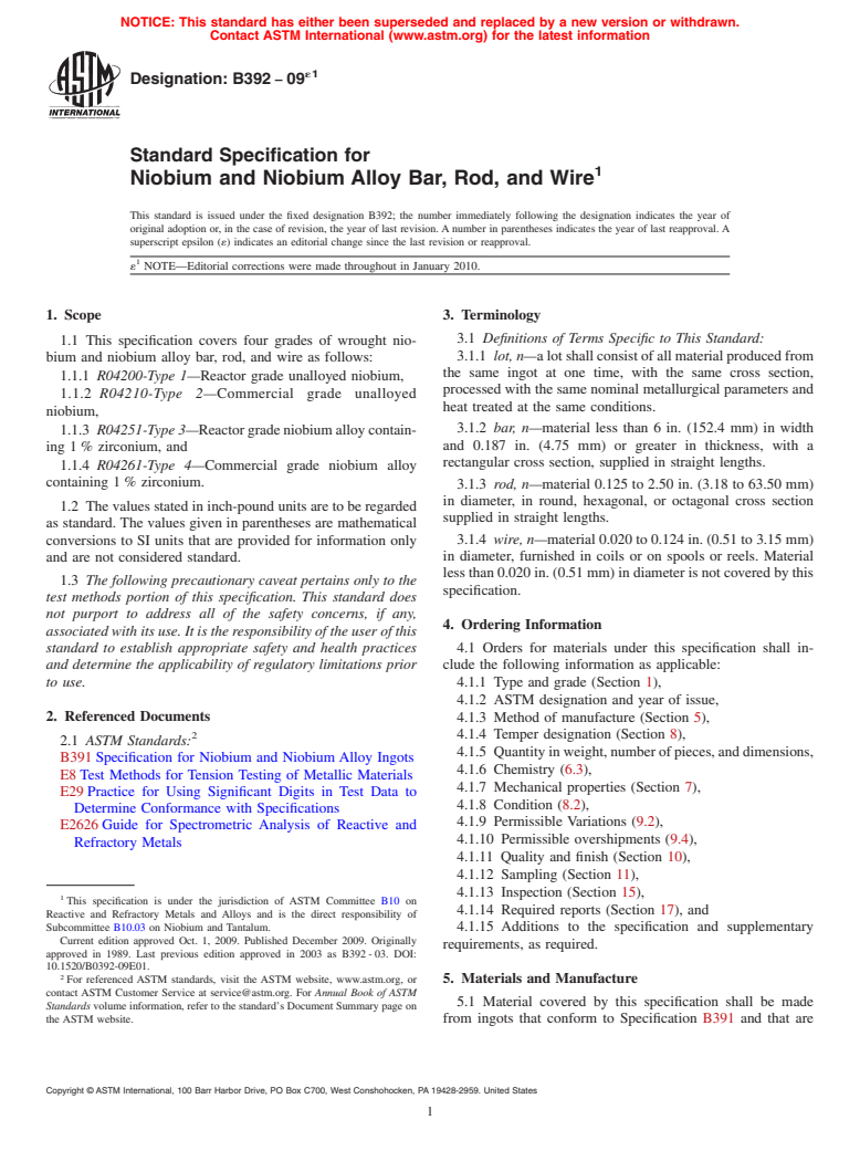 ASTM B392-09e1 - Standard Specification for Niobium and Niobium Alloy Bar, Rod, and Wire (Withdrawn 2018)